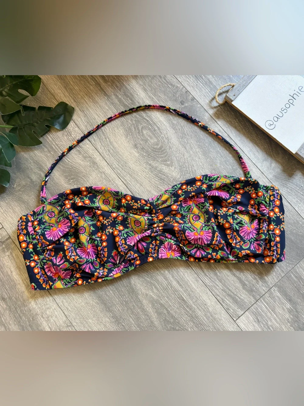 J Crew Bohemian Multicolor Floral Bandeau Bikini Top w Halter Strap. Size L